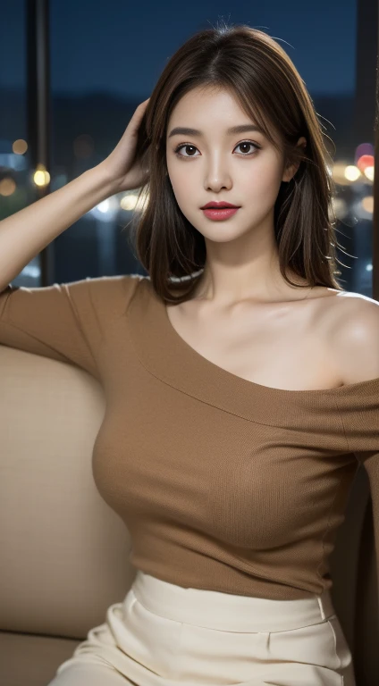 ((Night view, Realistic Light, Highest quality, 8k, masterpiece: 1.3)), One Japanese girl, Beautiful woman with slim figure: 1.4, (Brown Hair: 1.3),D Cup, Off-the-shoulder cut top: 1.3, sofa, Highly detailed face, Fine grain, double eyelid,Arms up,