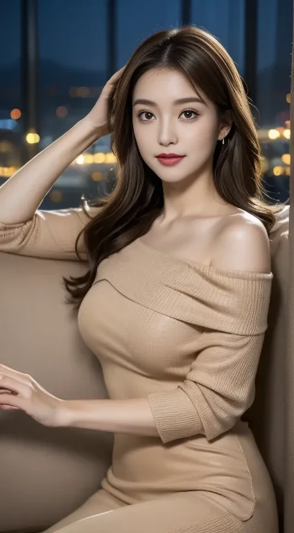 ((Night view, Realistic Light, Highest quality, 8k, masterpiece: 1.3)), One Japanese girl, Beautiful woman with slim figure: 1.4, (Brown Hair: 1.3),D Cup, Off-the-shoulder cut top: 1.3, Stiletto heel pumps,sofa, Highly detailed face, Fine grain, double eye...