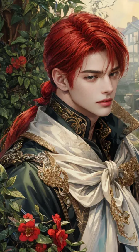 (absurdres, highres, ultra detailed, HDR), masterpiece, Intricate details,best quality picture of a male character , handsome late teen boy with red Hair color, long ponytail, anime green eyes, detailed basement scenery, detailed character, art kenouji