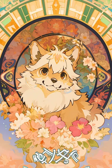 top quality, best quality, kaleidoscope, rzminjourney, vector-art, High-quality illustrations by Alfons Mucha, masterpiece(kemono, furry anthro)logo mark, round, colorful flower,Yorkshire terrier