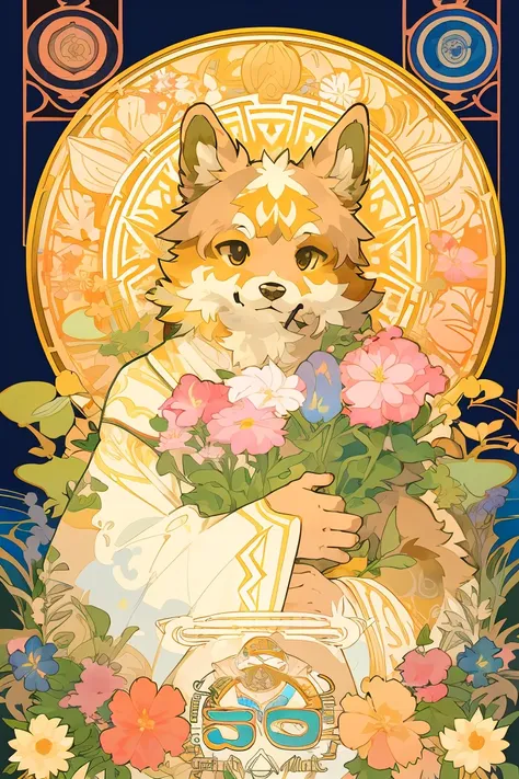 top quality, best quality, kaleidoscope, rzminjourney, vector-art, High-quality illustrations by Alfons Mucha, masterpiece(kemono, furry anthro)logo mark, round, colorful flower,Yorkshire terrier