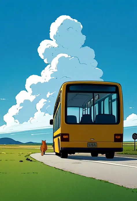 (Minimalism: 1.4), Minibus on the road, From German, ghibli studio art, Miyazaki, Grassland with blue sky and white clouds, Back view of Matsumusume and a cat at a bus stop,