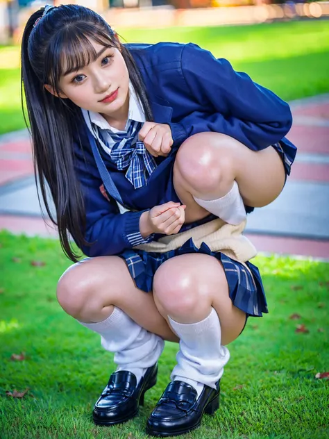 (photorealistic:1.4), best quality, masterpiece, raw 32k photo, (extremely detailed japanese beautiful girl), (extremely detailed eyes:1.2), (cute face:1.2), ultra-detailed, ultra high res, amazing, BREAK,(squatting),
(school uniform:1.5), (full body:1.2),...