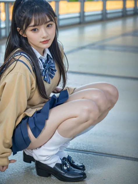 (photorealistic:1.4), best quality, masterpiece, raw 32k photo, (extremely detailed japanese beautiful girl), (extremely detailed eyes:1.2), (cute face:1.2), ultra-detailed, ultra high res, amazing, BREAK,(squatting),
(school uniform:1.5), (full body:1.2),...