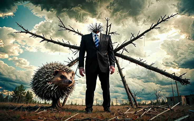 Big iron ball and iron tree，A man in a suit is tied to a cross, Toothpicks stuck all over her body, Like a hedgehog, with a look of anguish,Spooky forest,Abandoned Shelter,Creepy Doll,Sinister Shadow,Demonic possession,Blue sky and white clouds，Thunder and...