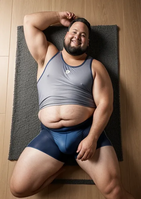 (handsome mature man plump chubby morbid extremely thick thighs bulging belly fat), older man, gray hair, white man, wearing tank top and sports shorts, bulge, detailed glade on clothing, (fat and corpulent: 1.3), full beard very long, looking at the viewe...