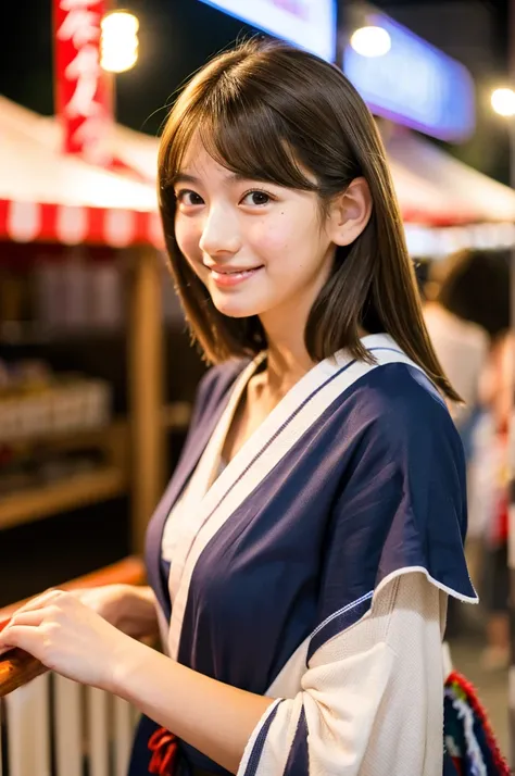 Japanese traditional kimono, yukata, summer festival night stall, first year high school student, ((full body)), ((photo)), ((best qualtiy, 8K, tmasterpiece:1.3)), Focus:1.2, perfect figure beautiful girl:1.4, 1girl, cowboy shot, look at viewer, incredibly...