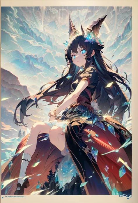 Crystal Horn　Crystal ornaments　(Anime Style:1.6)High contrast girl, Sitting, Side Shot, (null:1.3), (masterpiece, Highest quality, perspective, Depth of written border:1.5), Flowers, Rocky Mountain, forest, Beautiful Face, Thighs, From below, 8K, Raw photo...