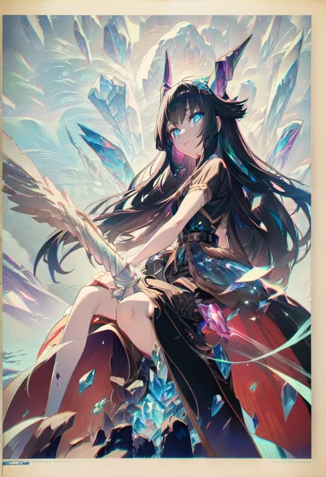 Crystal Horn　Crystal ornaments　(Anime Style:1.6)High contrast girl, Sitting, Side Shot, (null:1.3), (masterpiece, Highest quality, perspective, Depth of written border:1.5), Flowers, Rocky Mountain, forest, Beautiful Face, Thighs, From below, 8K, Raw photo...