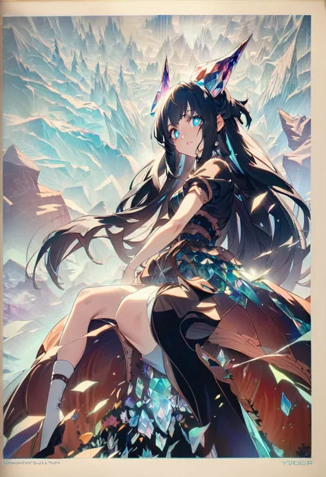 Crystal Horn　Crystal ornaments　(Anime Style:1.6)High contrast girl, Sitting, Side Shot, (null:1.3), (masterpiece, Highest quality, perspective, Depth of written border:1.5), Flowers, Rocky Mountain, forest, Beautiful Face, Thighs, From below, 8K, Raw photo...