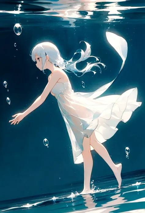 In the sea、Swim like a dancer、spin、beautiful、beautiful girl、Simple white dress、ephemeral、Bubble、Sparkling、Light、reflection、Fading colors、bright、Low Contrast