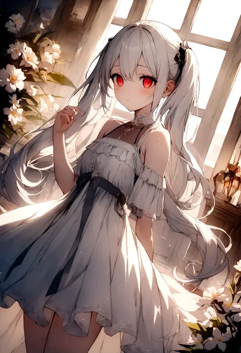 ((masterpiece, best quality))++, Detailed lighting+,  Detailed hair+, Detail hand+ ,1 girl, Miss, Long hair,   Crimson eyes,  beautiful eyes, young white hair,,(Beautiful white hair:1.5),(Beautiful and delicate eyes),  high resolution+,glass tint, Reflecti...
