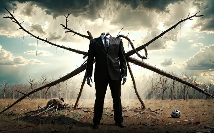 Big iron ball and iron tree，A man in a suit is tied to a cross, Toothpicks stuck all over her body, Like a hedgehog, with a look of anguish,Spooky forest,Abandoned Shelter,Creepy Doll,Sinister Shadow,Demonic possession,Blue sky and white clouds，Thunder and...