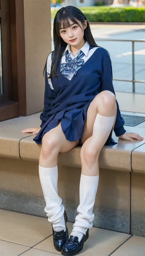 (photorealistic:1.4), best quality, masterpiece, raw 32k photo, (extremely detailed japanese beautiful girl), (extremely detailed eyes:1.2), (cute face:1.2), ultra-detailed, ultra high res, amazing, BREAK,sitting,
(school uniform:1.5), (full body:1.2), det...