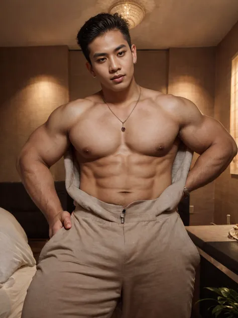 Realistic​ photography​ of a​​​​ thai handsome boy​, 25 ages​​​ , wearing​ a​ sexy suit, thin​ necklace​, (huge pecs)​​, at​ room,movement pose cool