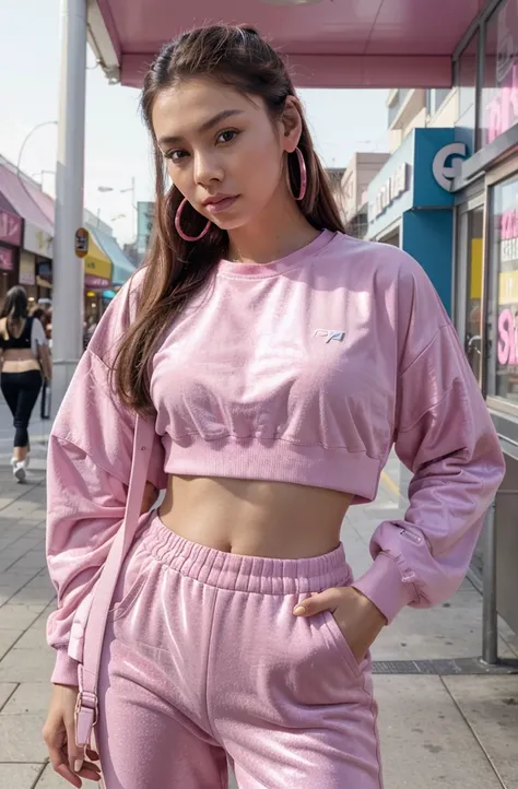 “Develop an HD Ultra Realistic image of Young Attractive Asian Woman Sophie Tan posing in a Y2K fashion scene. Sophie is outfitted in a vibrant pink velour tracksuit, complete with a crop top and wide-leg pants, paired with white sneakers and oversized hoo...