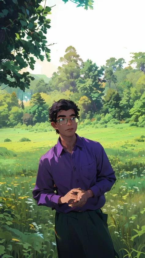  man with glasses in a purple shirt standing in a field of tall grass, in front of a forest background, nivanh chanthara, ramil sunga, mohamed chahin, in a large grassy green field, assamese aesthetic, in a open green field, in a field, nuttavut baiphowong...