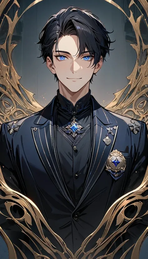 (masterpiece), best quality, expressive eyes, Perfect face, ((1 male))，Solitary，((Black short hair))，((blue eyes)), Exquisite eyes, gentle smile，Navy blue sophisticated suit，Exquisite silver badge, Exquisite clothing details，(((Complete upper body))), (((F...