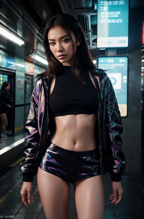 “Develop an HD Ultra Realistic image of Young Attractive Asian Woman Sophie Tan posing for a Y2K fashion editorial. Sophie is wearing a holographic bomber jacket over a neon crop top and matching mini skirt. She stands in a futuristic subway station with L...