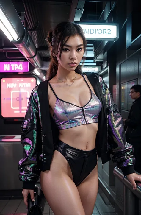 “Develop an HD Ultra Realistic image of Young Attractive Asian Woman Sophie Tan posing for a Y2K fashion editorial. Sophie is wearing a holographic bomber jacket over a neon crop top and matching mini skirt. She stands in a futuristic subway station with L...