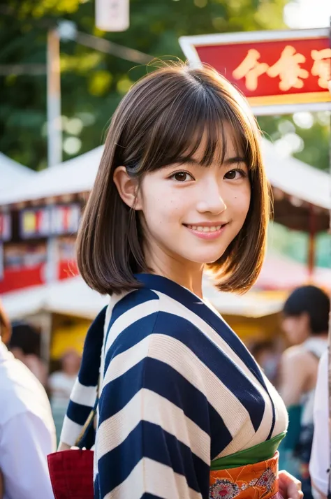 Japanese traditional kimono, yukata, summer festival night stall, first year high school student, ((full body)), ((photo)), ((best qualtiy, 8K, tmasterpiece:1.3)), Focus:1.2, perfect figure beautiful girl:1.4, 1girl, cowboy shot, look at viewer, incredibly...