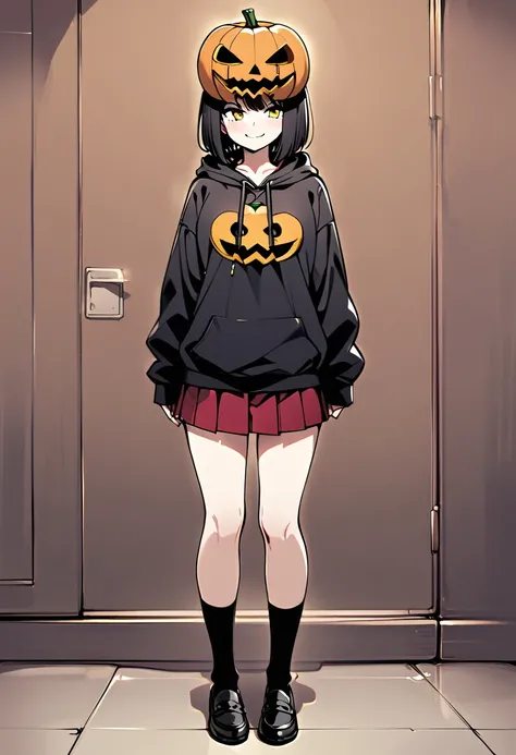 edgy girl, black hoodie, black hair, bob cut, red miniskirt, high socks, loafers, pumpkin mask on the side of her head with a yellow smile on it. Amazing quality, full body view, snarky grin