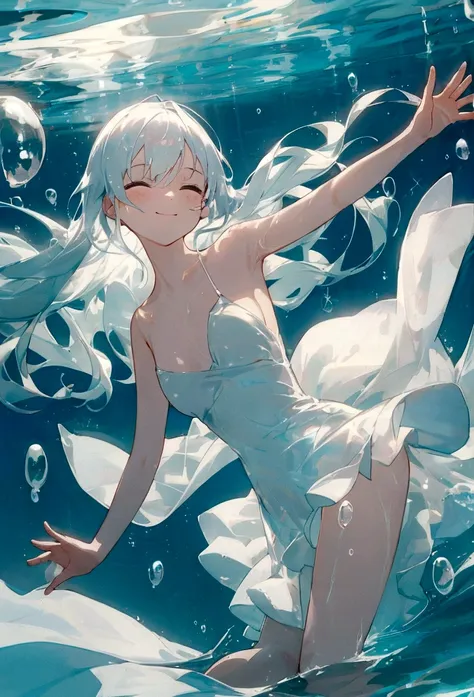 In the sea、In the water、Swim like a dancer、spin、beautiful、beautiful girl、Simple white dress、smile、Squint your eyes、ephemeral、Bubble、Sparkling、Light、reflection、Fading colors、bright、Low Contrast