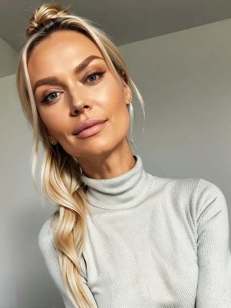 photo of a skinny very old wrinkly-faced faced mature blonde prostitute with fake eyelashes and plump-enhanced lips, messy long hair thrown into a messy bun ponytail. She wears: (turtleneck soft high ribbed pure white super tight sweater:1.1), submissive s...