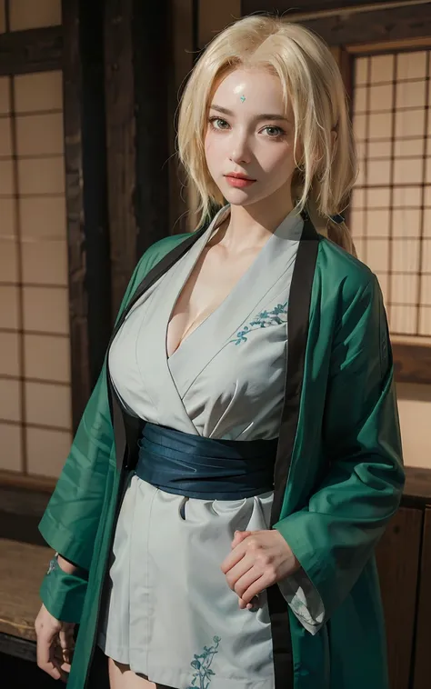 highres, sharp focus, pixiv masterpiece, ((intricate details)), highly detailed,  upper body, 1girl, mature, blonde hair, blue forehead mark, white kimono, green jacket, sash, tsunade_senju, large breast