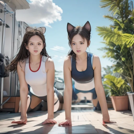 there are three women（動漫cat girl）doing push-ups on mat in gym，in the gym，exercise muscle tone，exercise，very intense，sexy girls，s...