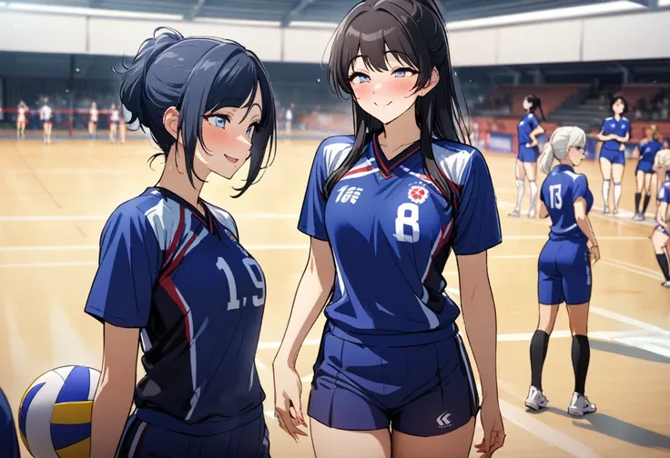 (Japan Womens Volleyball Team style), (in the Kitakyushu Volleyball Stadium), (6 Volleyball player ladys, winner smile, in a blue uniform), perfect anatomy, masterpiece, best quality, 16k, beautiful detailed grow, daydreaming expression.