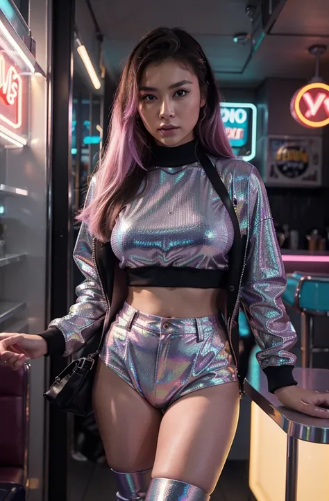 “Develop an HD Ultra Realistic image of Young Attractive Asian Woman Sophie Tan posing in a Y2K fashion scene. Sophie is outfitted in a holographic jacket over a neon crop top and matching mini skirt, paired with knee-high boots. The backdrop features a re...