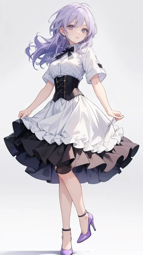 ((Perfect Face)),Purple Hair,long hair,Adult female,White shirt,((Shirt with rolled up sleeves)),(((Roll up your sleeves))),((corset)),short skirt,(High heels),((Simple White Background)),((full body)),((Full Body)),