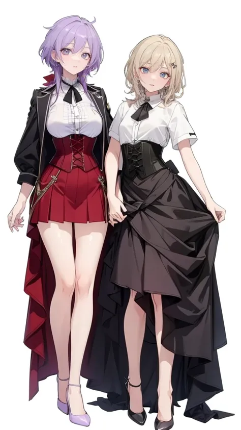 ((Perfect Face)),Purple Hair,long hair,Adult female,White shirt,((Shirt with rolled up sleeves)),(((Roll up your sleeves))),((corset)),short skirt,(High heels),((Simple White Background)),((full body)),((Full Body)),