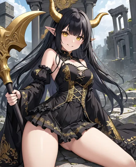 ((Fantasy,masterpiece,Highest quality,High resolution,finely)),(In front of the altar of the ancient ruins、With a nihilistic smile、Leaning on a giant battle axe that was sunk into the ground、A beautiful girl with long black hair and golden eyes,Two dragon ...