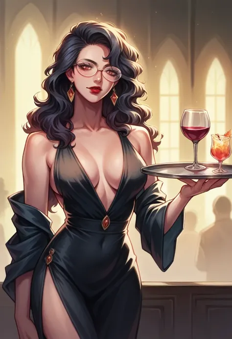 Sexy female waitress in a sleek black dress, Red lipstick and wavy hair, Holding a tray of colorful cocktails, Standing in a dimly lit, upscale bar, Polished bar counter with hanging wine glasses, Elegant and sophisticated atmosphere, Muted lighting with w...