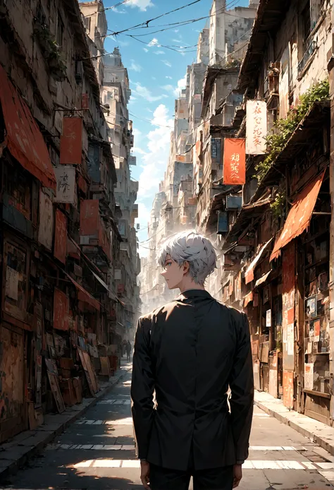 A man with two black and white hair and blue eyes turned his back and stood alone with his face half-turned in the middle of the city during the daytime.