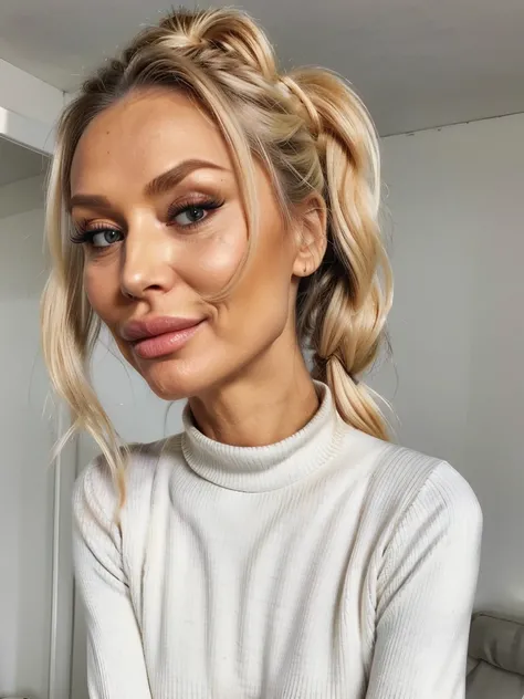 photo of a skinny very old wrinkly-faced faced mature blonde prostitute with fake eyelashes and plump-enhanced lips, messy long hair thrown into a messy bun ponytail. She wears: (turtleneck soft high ribbed pure white super tight sweater:1.1), submissive s...