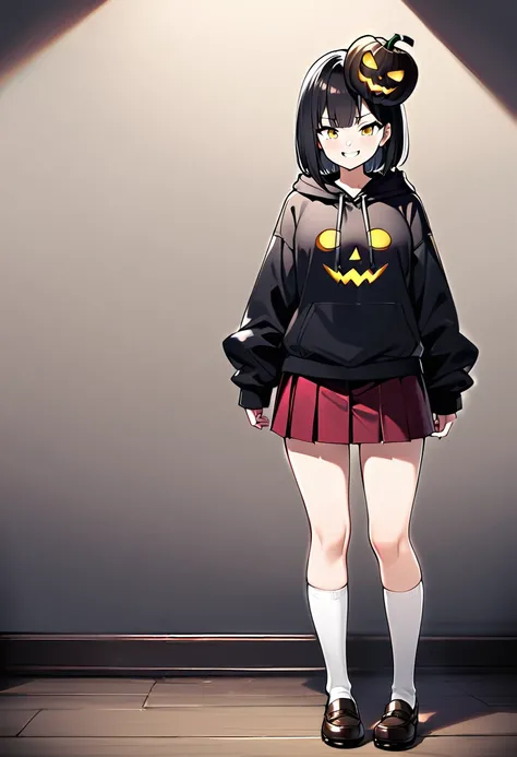 edgy girl, black hoodie, black hair, bob cut, red miniskirt, high socks, brown loafers, black pumpkin mask on the left side of her head with a yellow smile on it. Amazing quality, full body view, snarky grin