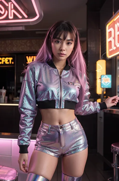 Develop an HD Ultra Realistic image of Young Attractive Asian Woman Sophie Tan posing in a Y2K fashion scene. Sophie is outfitted in a holographic bomber jacket over a neon crop top and matching mini skirt, paired with knee-high boots. The backdrop feature...