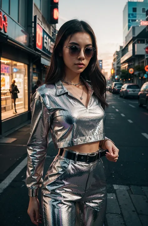 Create an HD Ultra Realistic image of Young Attractive Asian Woman Sophie Tan in a Y2K-inspired fashion editorial. Sophie is dressed in a metallic silver crop top and matching pleather pants, accessorized with a silver chain belt and tinted sunglasses. The...