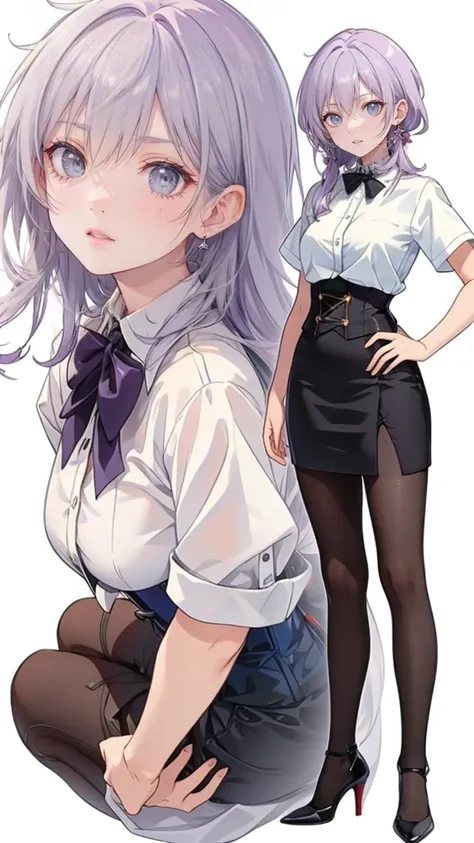 ((perfect face)),purple hair,long hair,adult female,white shirt,((shirt with rolled up sleeves)),(((roll up your sleeves))),((co...