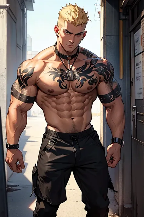 a buff man with dirty blonde shaved upper cut hair wearing a black choker with a black wolf tattoo on his right chest full body shot