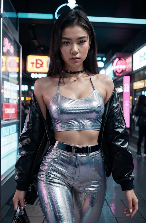 “Generate an HD Ultra Realistic image of Young Attractive Asian Woman Sophie Tan in a Y2K-themed fashion editorial. Sophie is wearing a shiny metallic blue tube top and matching pleather pants with a silver chain belt. She is posed against a backdrop of a ...