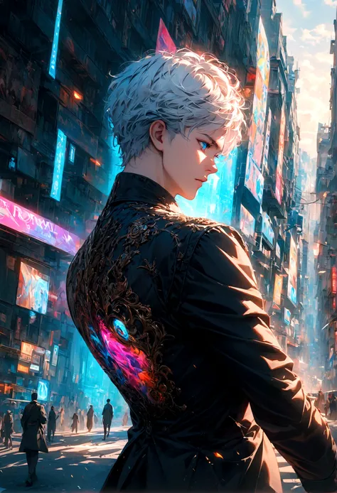 A man with black highlights and white hair and blue eyes turned his back and stood alone with his face half-turned in the middle of the city during the daytime