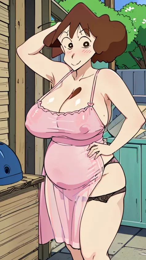 Misae Nohara, (Auntie:1.5), (Mature Woman:1.5), (absurderes, 8K, 4K, masutepiece, hyper extreme detailed:1.2), Best Quality, Perfect Anatomy,Perfect face,High humidity, (Huge breasts:1.7), (A sheer pink nightgown:1.4), (Wet:1.2), (.Alley:1.3), Graffitied w...