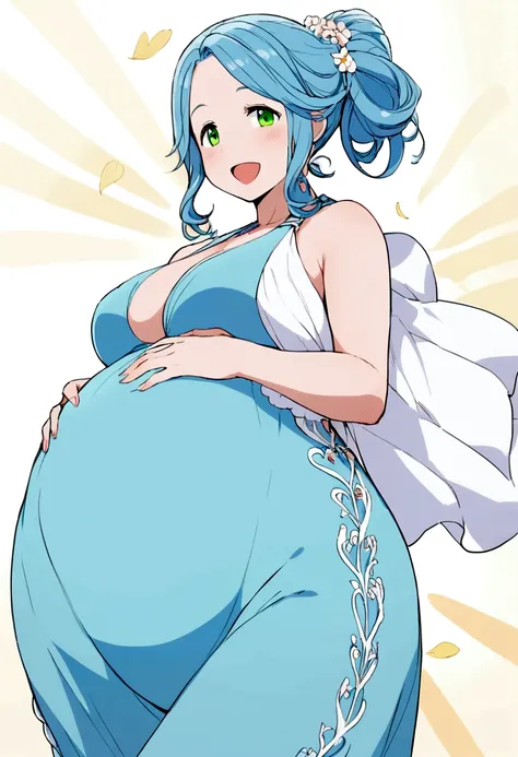 pregnant beautiful tall mom with blue ponytail hair, green eyes, in blue bikini, happy