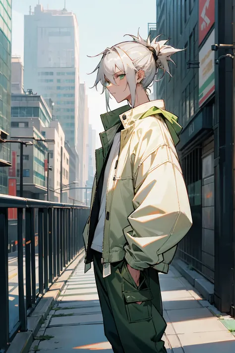 1male, silver hair, manbun, messy hair, green eyes, oversized baggy jacket, white shirt, green pants, city background, detailed background, hands to side, standing on path