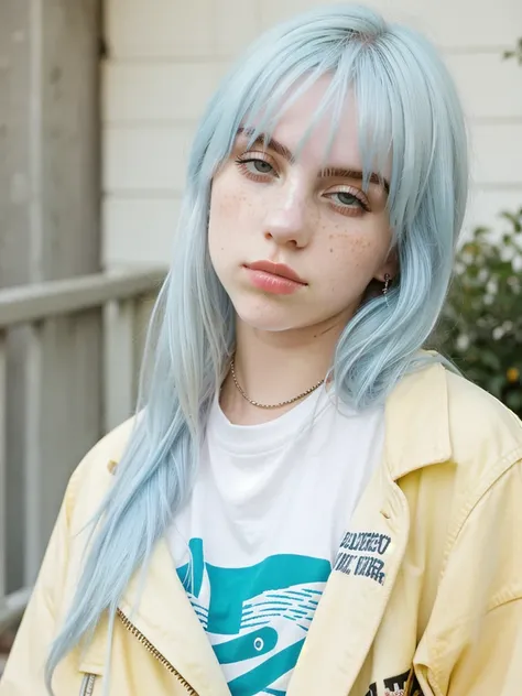 Photo of a young woman with pastel blue hair, natural-looking, Wearing a motorcycle club jacket, yellow eyeshadow, pale skin, freckles, pastel colors