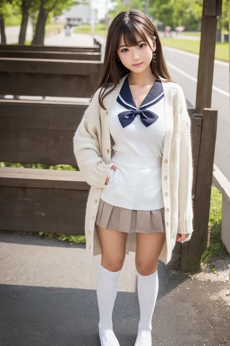 (Highest quality, 8k, 32K, Tabletop, Hmph, :1.2), Japanese girl, teenager, One girl, Highly detailed face, Chest pressure, Fine grain, Highly detailed lips, Dark brown hair, shape, Natural light, (White Loose Socks:1.3), smile, (Large Breasts:1.2), Are sta...